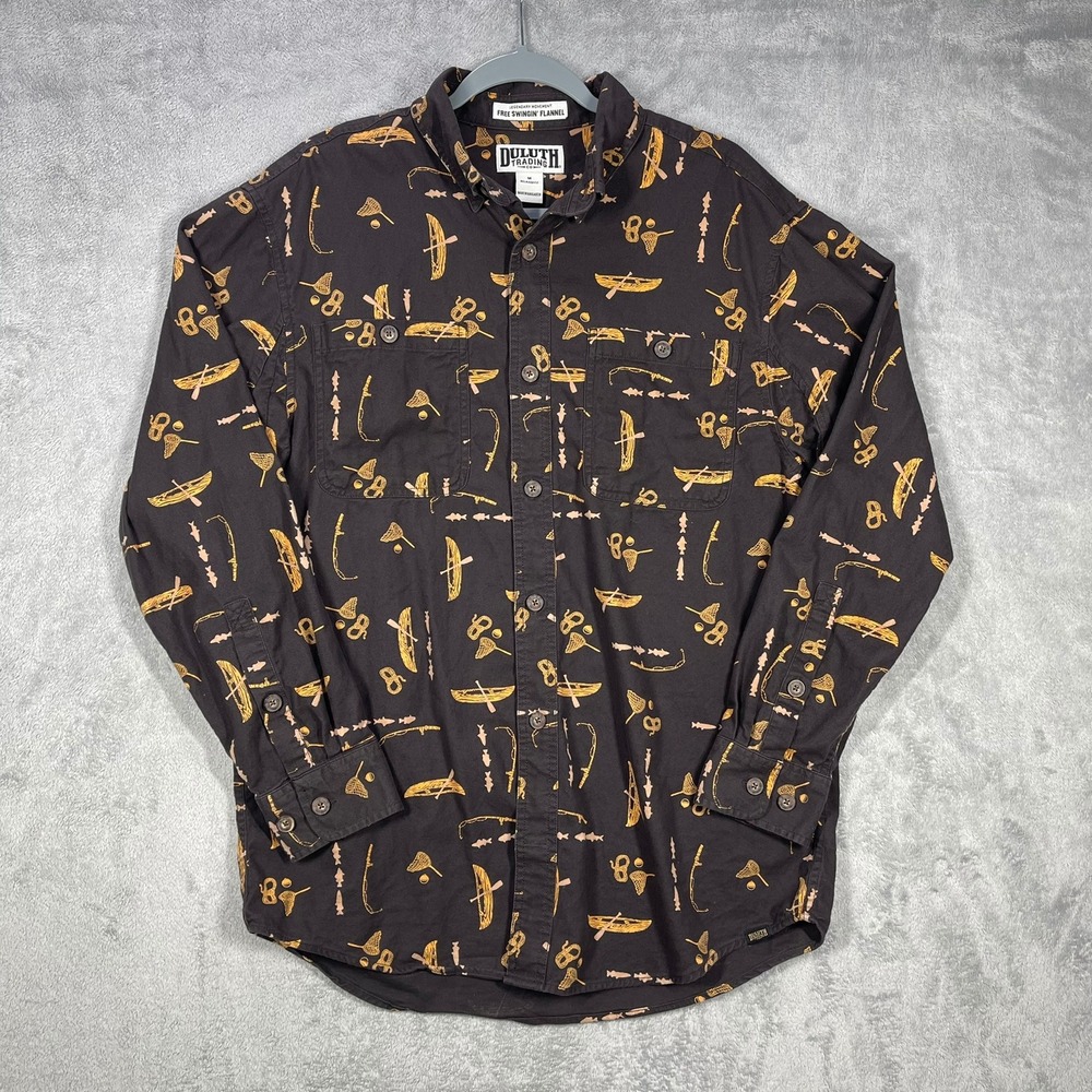Duluth Trading Co Flannel Shirt Mens M Brown Fishing Canoe Free Swingin Flannel